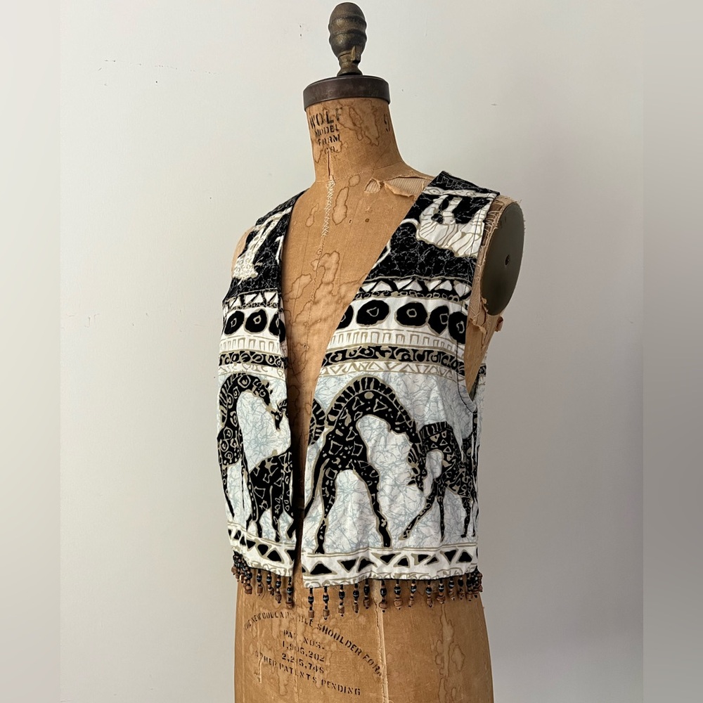 Vintage D Frank 80s 90s Animal Print Vest with Beaded Fringe